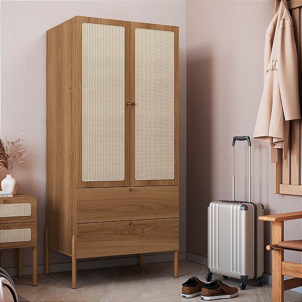 Guarda-Roupa Retrô 80cm com 2 Portas 2 Gavetas Palhinha Pés de Madeira