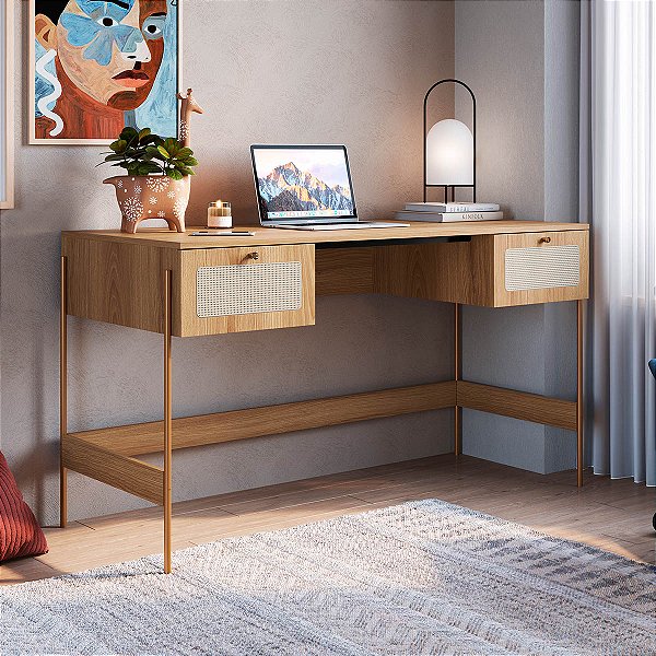 Mesa Escrivaninha Retrô Industrial 2 Gavetas 139cm Palhinha Pés Metal