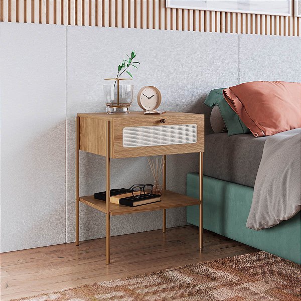 Mesa de Cabeceira Retrô Industrial 48cm com Gaveta Palhinha Pés Metal