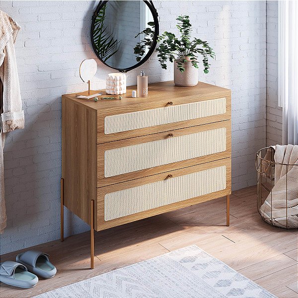 Cômoda Retrô Industrial 93cm com 3 Gavetas Palhinha Pés Metal