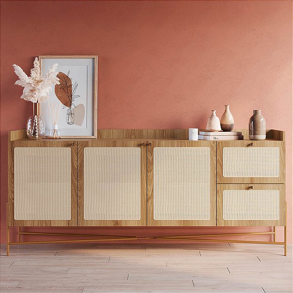 Balcão Buffet Retrô Industrial 180cm 3 Portas Palhinha Pés de Metal