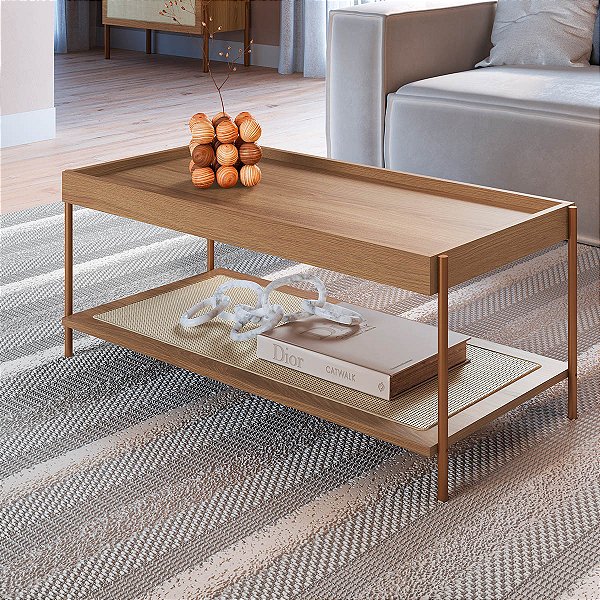 Mesa de Centro Retrô Industrial 93cm Prateleira Palhinha Pés em Metal