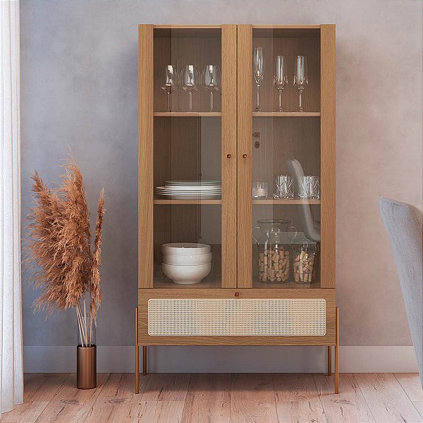 Cristaleira Estilo Retrô Industrial 83cm 2 Portas Palhinha Pés Metal