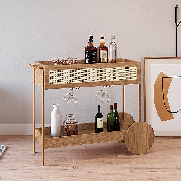 Carrinho Bar Estilo Industrial Retrô 110cm Porta Taças Palhinha Pés Metal