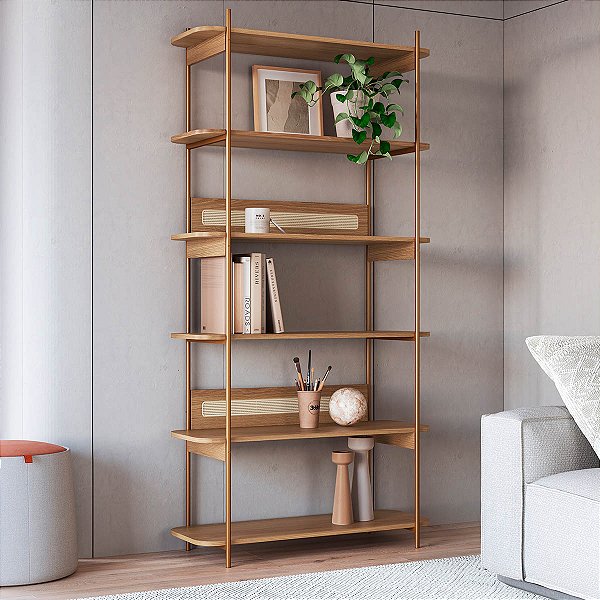 Estante Retrô Industrial 180cm com 6 Prateleiras Palhinha Pés Metal