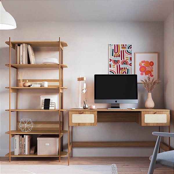 Conjunto para Escritório Mesa 2 Gavetas e Estante Palhinha Pés Metal