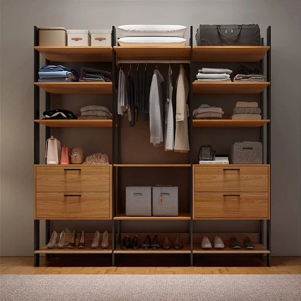 Guarda-Roupa Closet Industrial 218cm 3 Torres 4 Gavetas Freijó e Preto