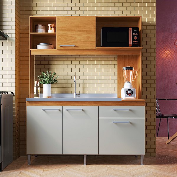Cozinha Compacta Moderna 152cm 4 Portas com Gaveta Nature e Off White