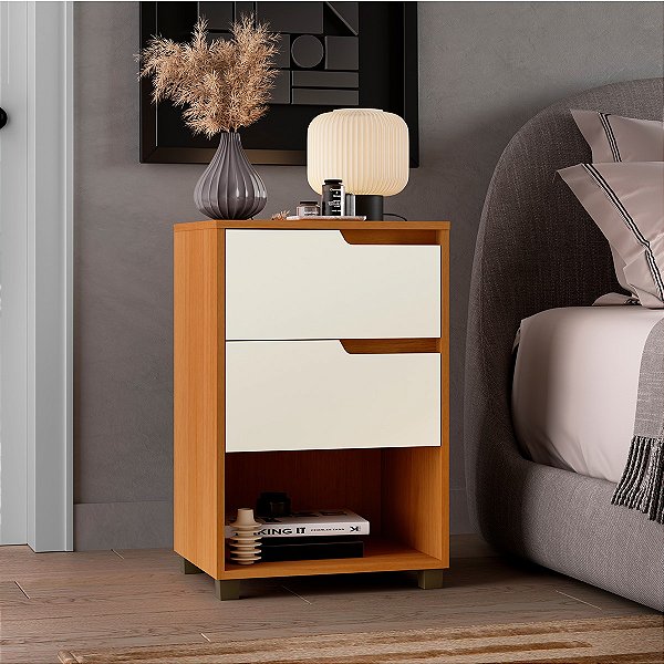 Mesa de Cabeceira Moderna 45cm com 2 gavetas e Nicho em MDF