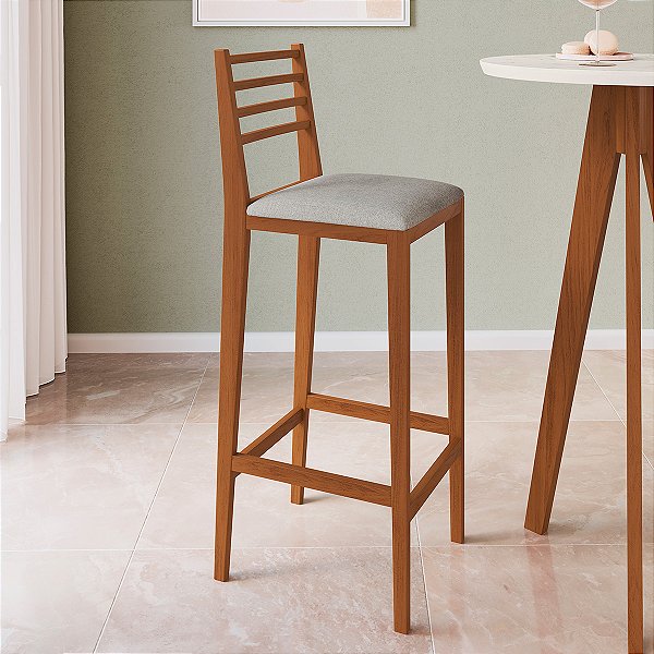 Banqueta Alta Estofada 75cm 100% Madeira Imbuia e Cinza