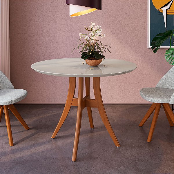 Mesa Jantar Redonda 4 Lugares Tampo Vidro 109cm Imbuia Fendi