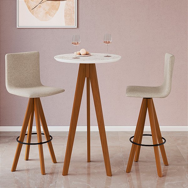 Conjunto Mesa Bistrô 2 Banquetas Giratórias Madeira Imbuia e Cinza