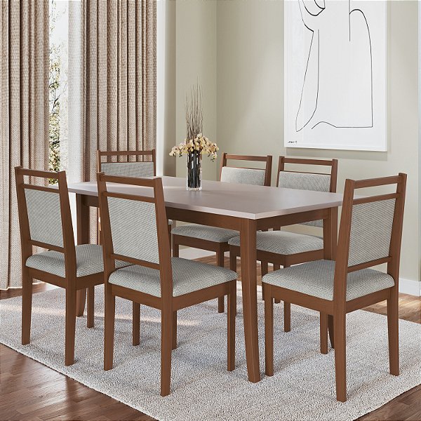 Conjunto Sala de Jantar Mesa 6 Cadeiras Estofadas Madeira Imbuia Cinza