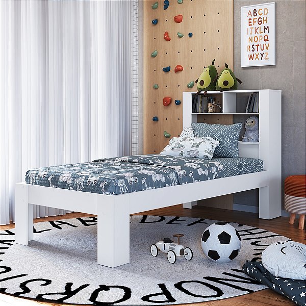 Cama de Solteiro com Cabeceira e Nichos 214cm Branco