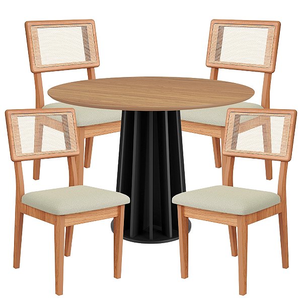 Conjunto Sala de Jantar Mesa Redonda 4 Cadeiras Estofadas em MDF