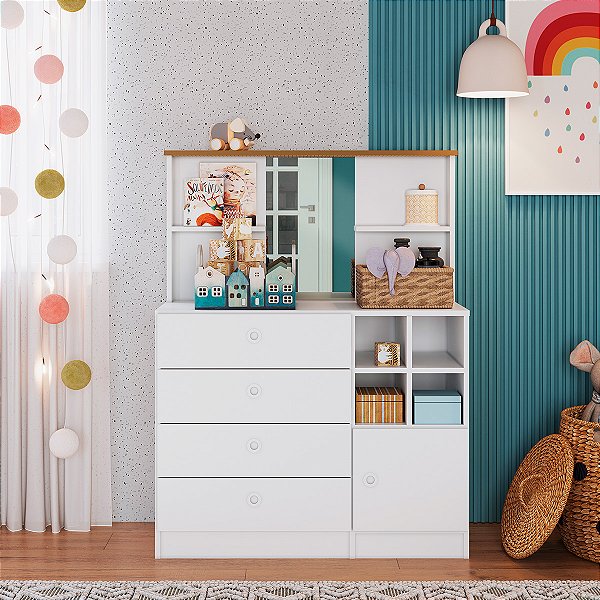 Cômoda Montessoriana com 4 Gavetas e Porta com Espelho Branca