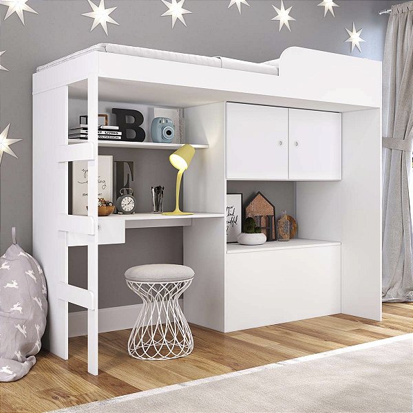 Cama Solteiro Multifuncional 194cm com Baú e Escrivaninha Branca