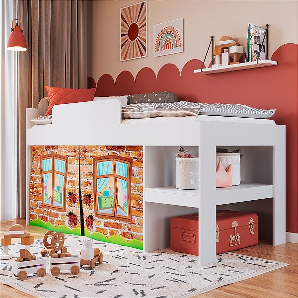 Cama Infantil Multifuncional 192cm com Protetor e Cortina Branca