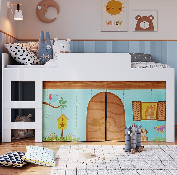 Cama Infantil Playground 192cm com Protetor e Cortina Branca