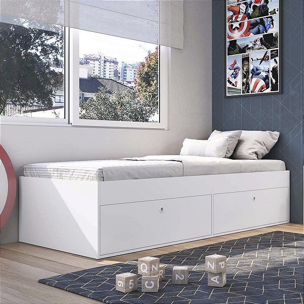 Cama de Solteiro 192cm com 4 Portas Basculantes Branca