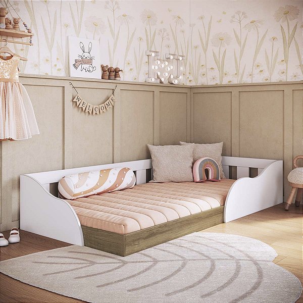 Cama Solteiro Infantil Montessoriana com Protetor 194cm Branco e Mel