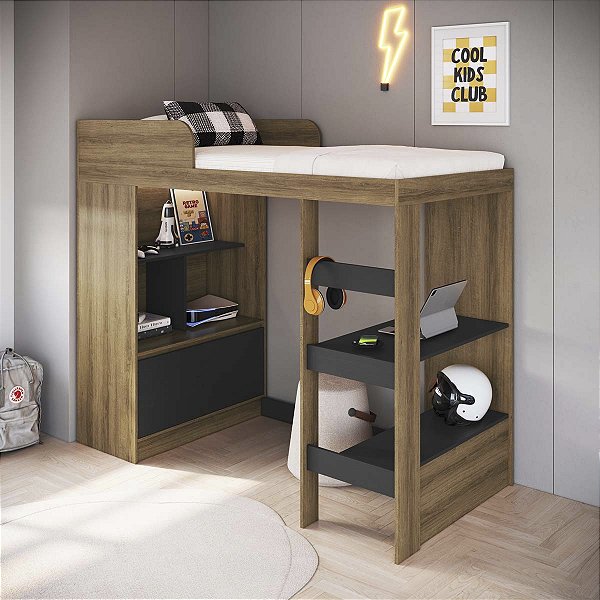 Cama Alta de Solteiro Multifuncional 194cm com Escrivaninha e Estante