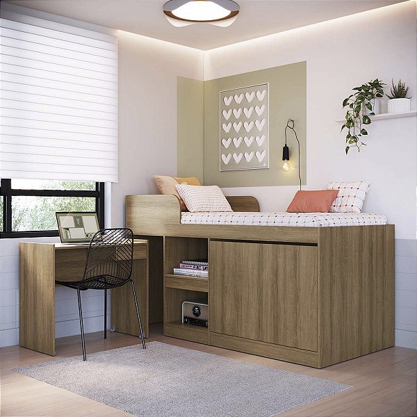 Cama Alta Solteiro Multifuncional 192cm com Escrivaninha Móvel