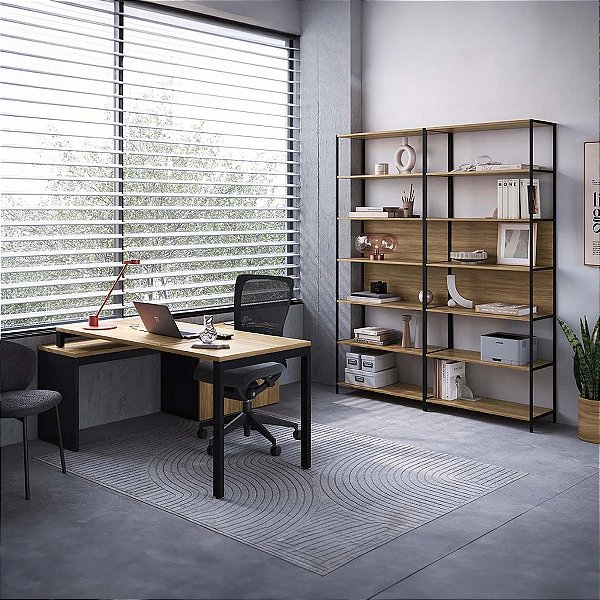 Conjunto para Escritório Home Office Escrivaninha 2 Estantes e Balcão