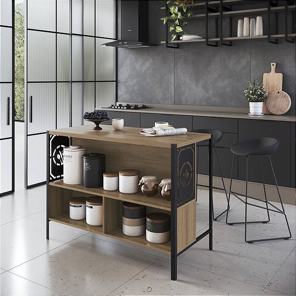 Mesa Bancada Gourmet Estilo Industrial 127cm com Nichos