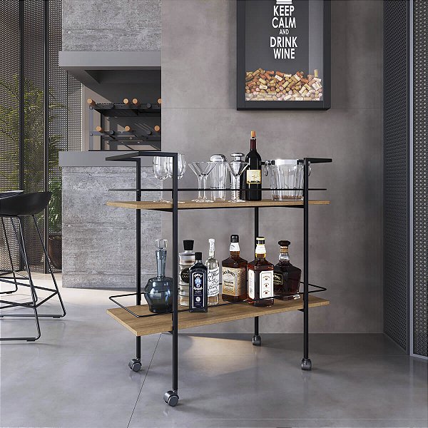 Carrinho Bar 90cm Estilo Industrial 2 Prateleiras e 4 Rodas