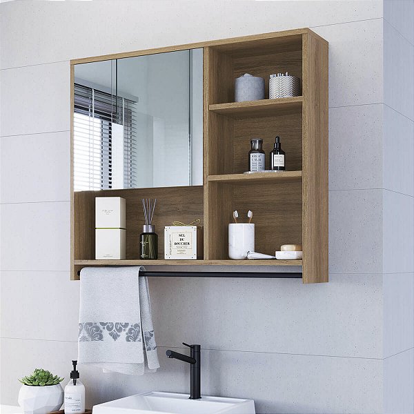 Armário Espelheira para Banheiro 80cm Estilo Industrial com Toalheiro
