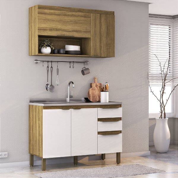 Cozinha Compacta Moderna com Aéreo e Balcão Sem Tampo 120cm