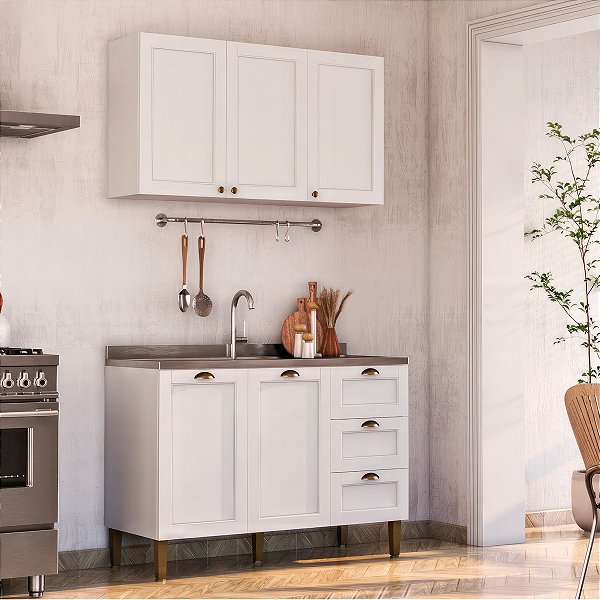 Cozinha Estilo Americana Completa com 1 Aéreo 1 Balcão 120cm Branco
