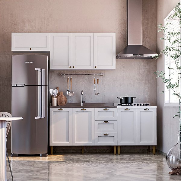 Cozinha Estilo Americana Completa 2 Aéreos e 2 Balcões 260cm Branco