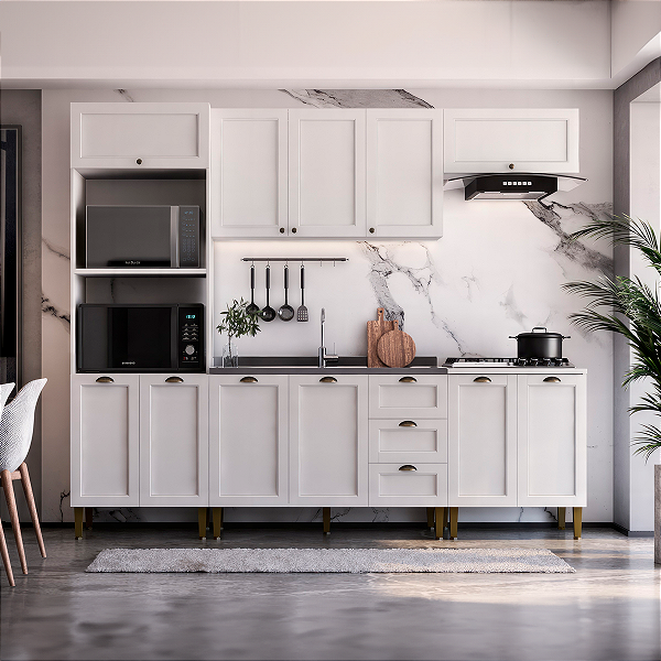 Cozinha Estilo Americana 2 Aéreos 2 Balcões 1 Torre 260cm Branco