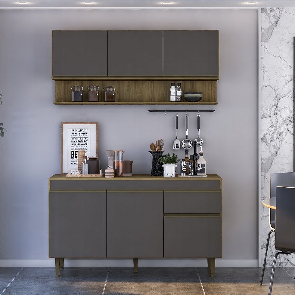 Cozinha Compacta Moderna Armário Aéreo e Balcão 150cm Mel e Grafite