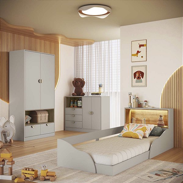Quarto Infantil Montessoriano Cama Cômoda e Guarda Roupas Lille Arenas