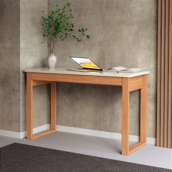 Mesa Escritório Moderna 118cm 100% MDF com Gaveta Off White e Freijó