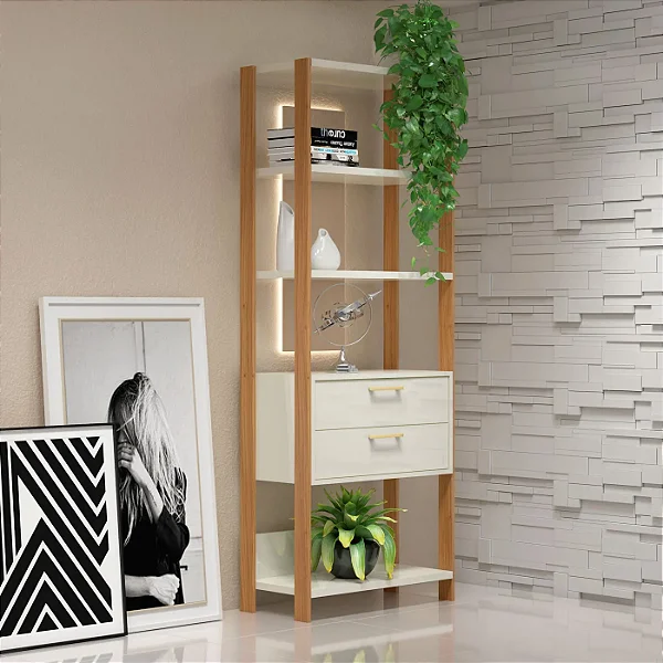 Estante Moderna 73cm com 2 Gavetas 100% MDF Off White e Freijó