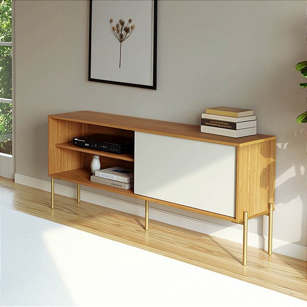 Rack para TV até 55" 144cm Porta de Correr 100% MDF Freijó e Off White