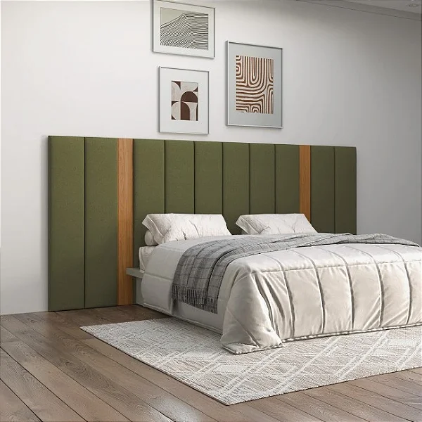 Cabeceira para Cama de Casal Estofada 275cm em 100% MDF Freijó e Verde