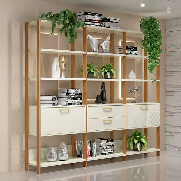 Estante para Escritório 216cm 2 Gavetas e 2 Portas Off White e Freijó