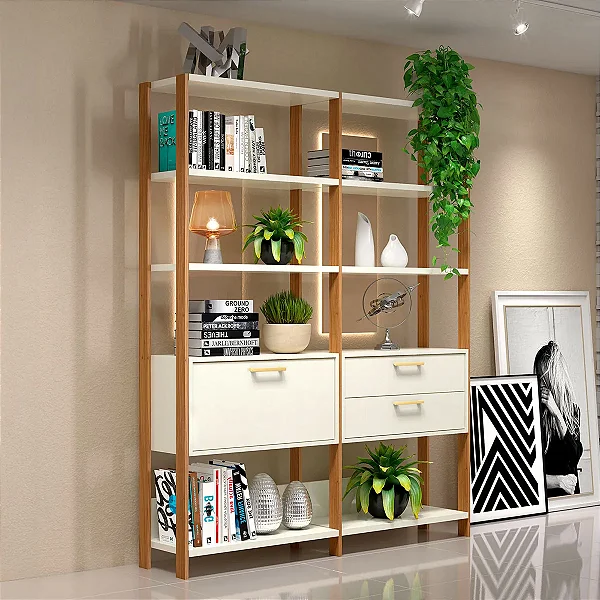 Estante para Escritório 144,5cm com Gaveta e Porta Off White e Freijó