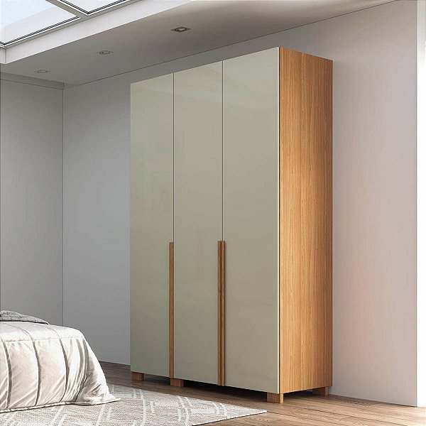 Roupeiro Compacto Moderno 3 Portas 135cm 100% MDF Freijó e Off White