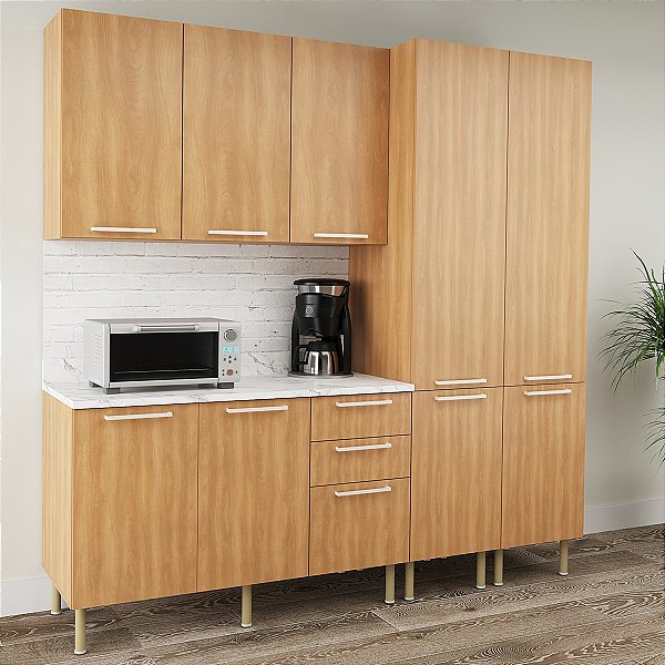 Cozinha Compacta 200cm 9 Portas 3 Gavetas com Pés Reguláveis Freijó