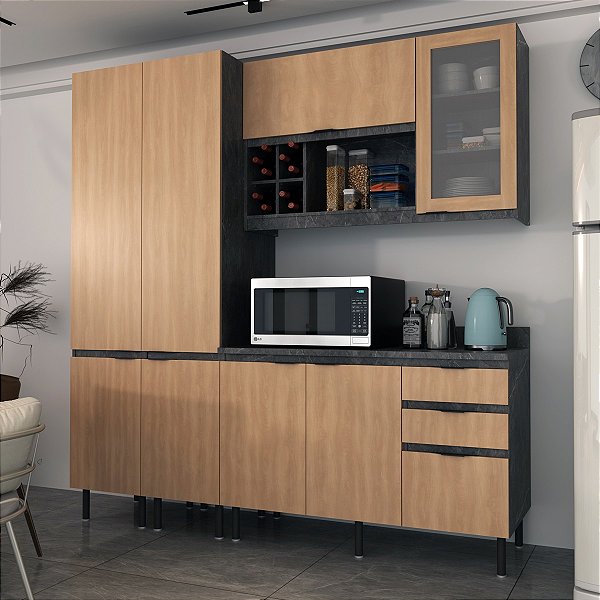 Cozinha Compacta 200cm 8 Portas 3 Gavetas com Pés Reguláveis