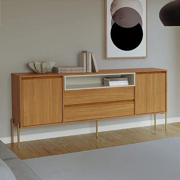 Balcão Aparador Moderno 184cm 2 Portas 2 Gavetas Freijó e Off White