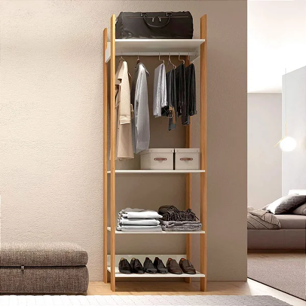 Estante Closet com Cabideiro 74cm 100% MDF Off White e Freijó