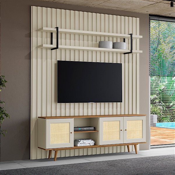 Conjunto Sala de Estar Rack com Palhinha Painel e Prateleira Suspensa