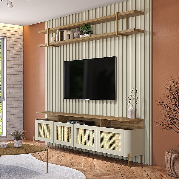 Conjunto Rack para Tv Palhinha Prateleira e Painel 200cm 100% MDF